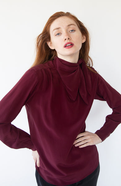 Silk Cowl Neck Blouse, Long Sleeves Silk Blouse, Silk Drape Blouse